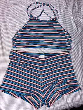 M Vintage 90s Striped Two-Piece Swim Set in Pink, Blue, Green, Black